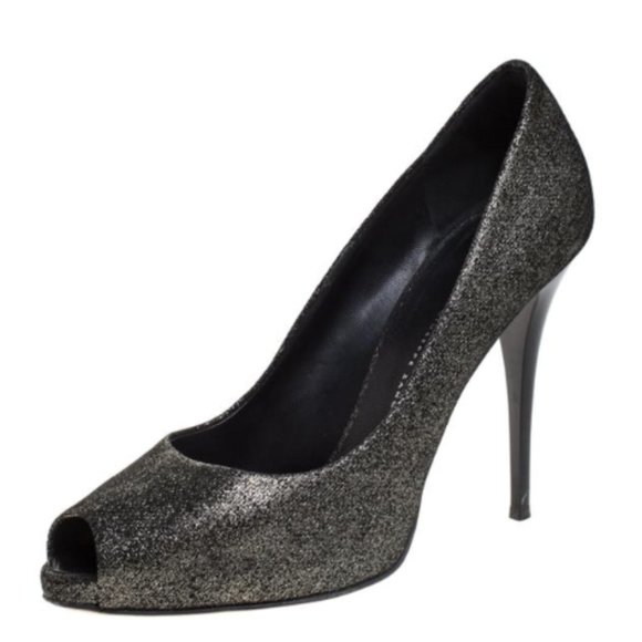 Giuseppe Zanotti Peep Toe Pumps Sz 39 Black/Grey Glitter Fabric Stiletto Heels - Picture 1 of 12